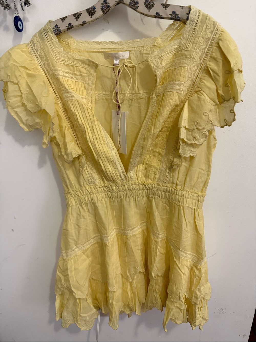LoveShackFancy Darryl Lace Trim Flutter Sleeve Mini Dress Pastel Yellow L NWT